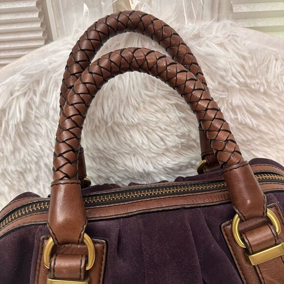BANANA REPUBLIC Purple Suede Braided Leather Handle Zip Top Satchel Hand Bag - Picture 4 of 10